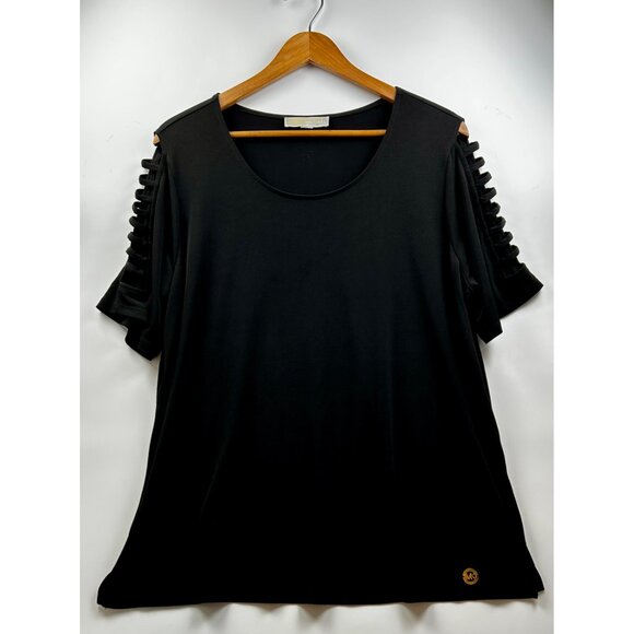 Michael Kors Blk Grunge Glam Elevated Casual Cold Shoulder Cutout Sleeve Top XL - Picture 4 of 8